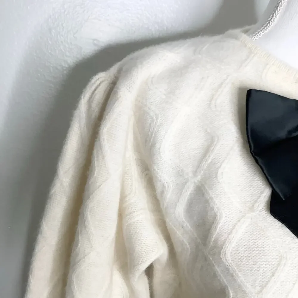 Marisa Christina Vintage Cream Sweater Textured Black Bow Beaded Large - Picture 4 of 12